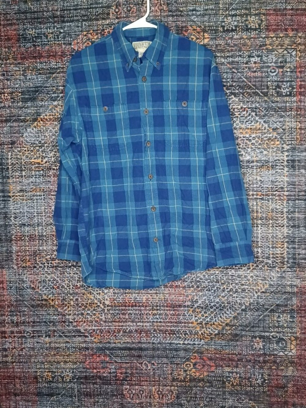 Duluth mens blue yellow Free Swingin plaid button down flannel work S 52007